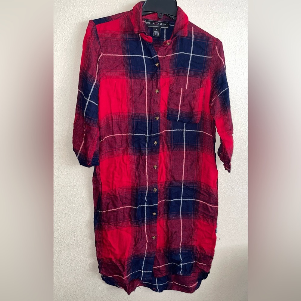 Plaid long shirt w/ side slits